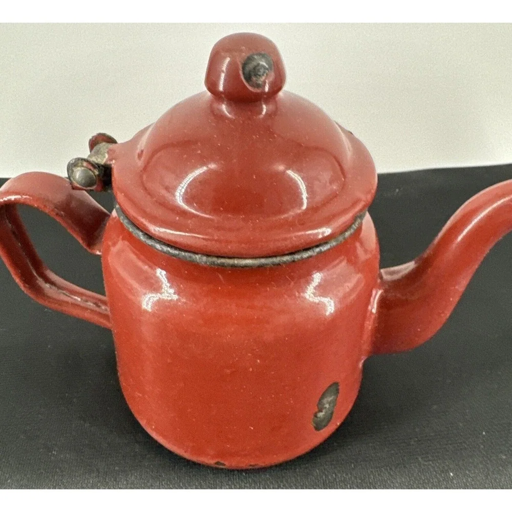Teapot Burgundy Enamel Metal Farmhouse Decor 4.5